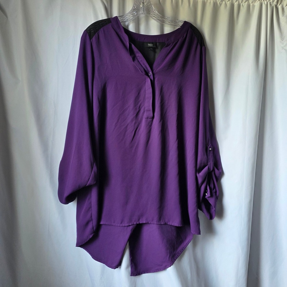 Mossimo Purple High Low Mesh Back Roll Tab Sleeve Tunic Blouse XL